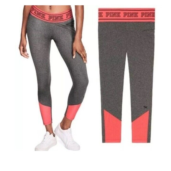 Victoria's Secret Pink Leggings Gray Logo Waistband Athleisure Yoga Size Large‎ - Picture 1 of 8